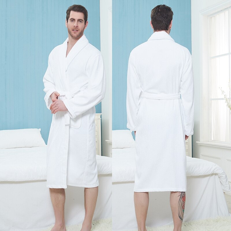 Vinter mænd badekåbe 100%  bomuld efterår tykt varmt håndklæde fleece bomuld morgenkåbe lang badekåbe hotel spa blød kimono kåbe: Hvid / M (160-168cm)