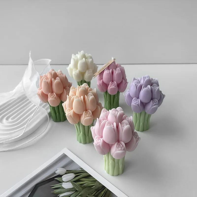 Molde de silicona para ramo de tulipán 3D, flores artesanales, velas aromáticas, moldes de adorno de yeso, hecho a mano, suministros para hacer velas y jabón