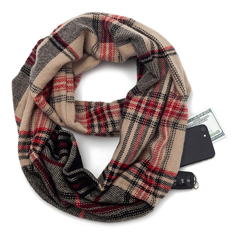 foulard à carreaux en sergé avec poche Convertible voyage foulard de tête pour femme châle caché poche à glissière infini voyage hiver écharpes