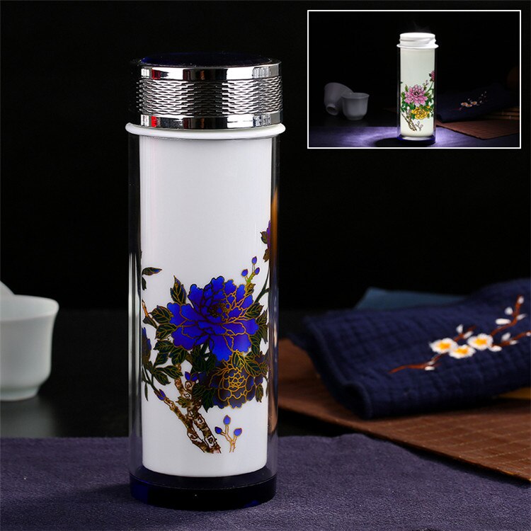 Vintage kinesisk färgförändring glaskeramik termos retro blå vit porslin termos termokopp vakuumkolv tekopp: Rik ros