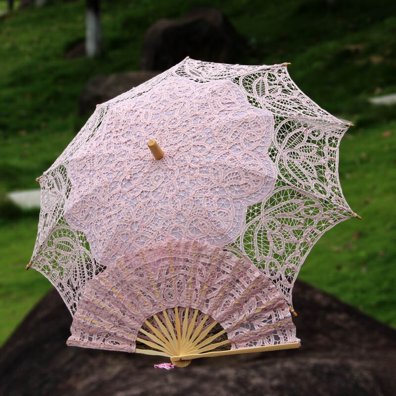 19 eeuw Populaire Steampunk Stijl Handgemaakte Battenburg Kanten Parasol Kant Fan Set Bruiloft Paraplu: A0104 pink