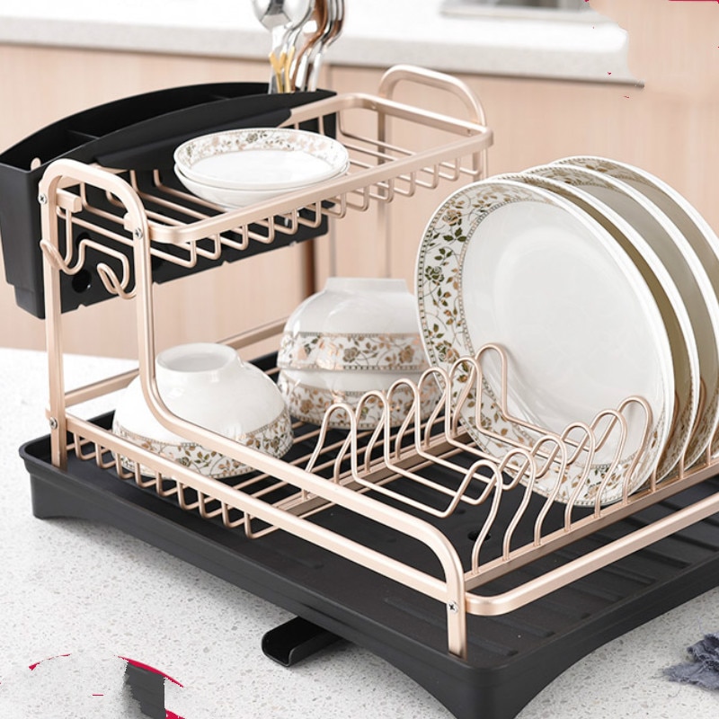 Champagne golden double-dish dish drain rack space aluminum put dishes chopsticks dishes cutlery storage kitchen racks LB61704