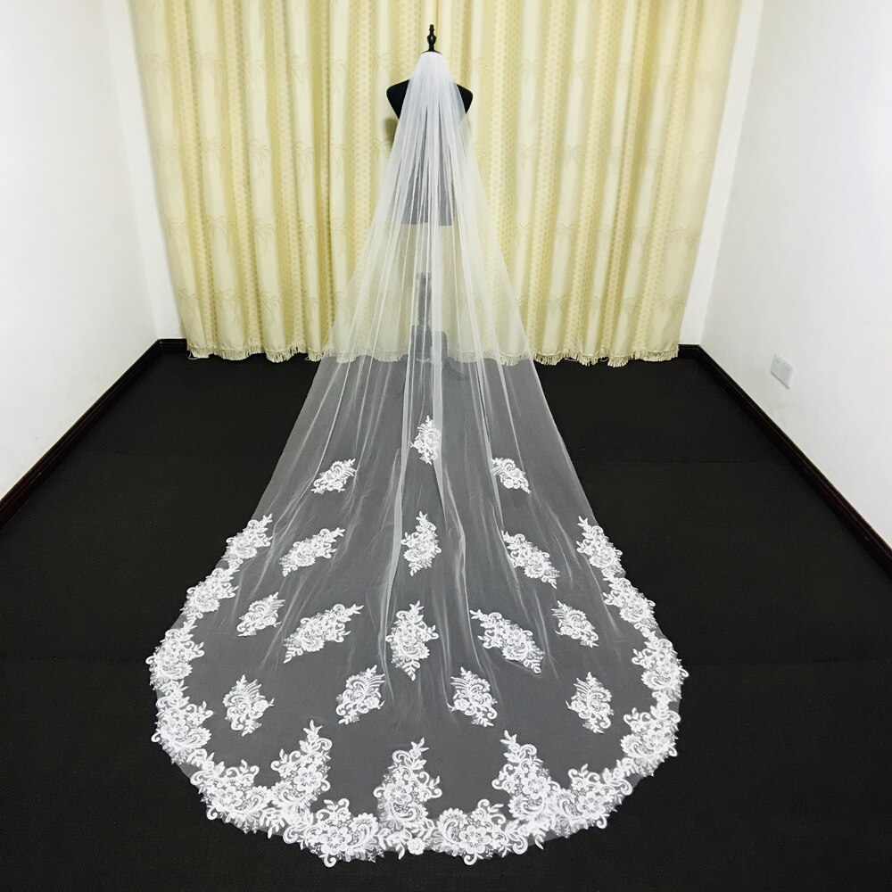 Real Photos Cathedral Long Tulle Lace Applique Wedding Veils Bridal Veils Matching The Wedding Dresses