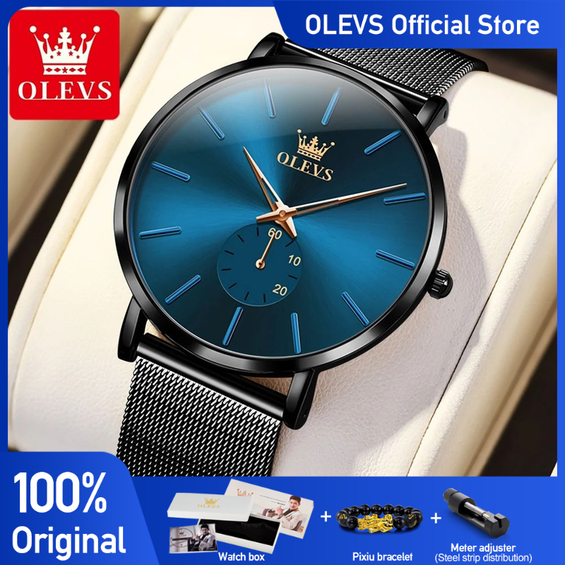 Olevs herrklockor minimalism ultratunna original kvarts armbandsur vattentät lysande oberoende begagnad urtavla nätarmband