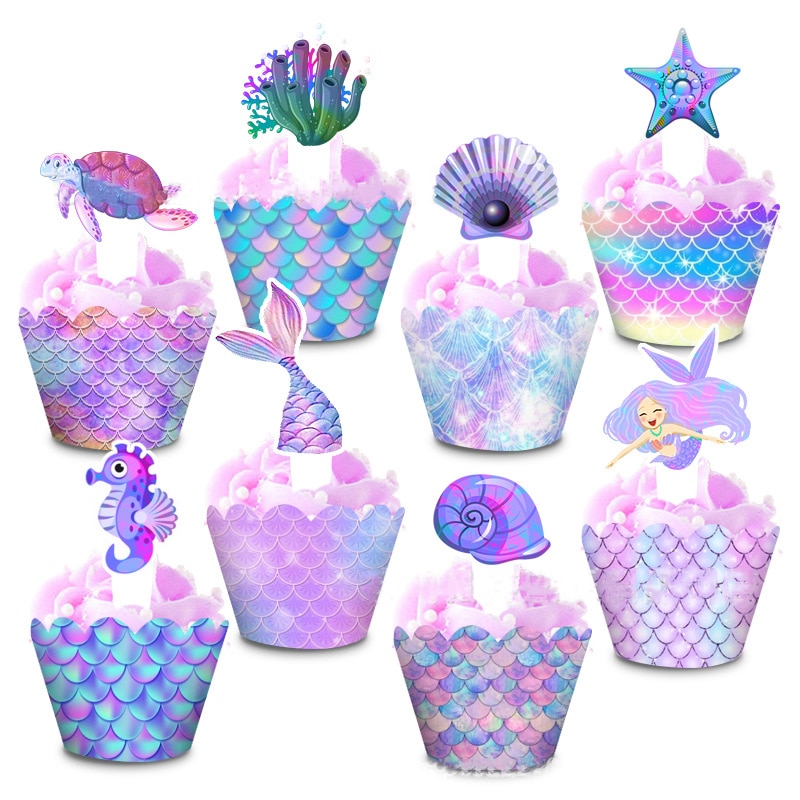 Havfrue kake felg skall skilpadde tang cupcake dekor under havet en 1st gratulerer med dagen fest dekor barn jenter babyshower