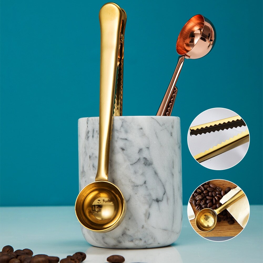 Twee-In-een Rvs Koffielepel Afdichting Clip Keuken Gouden Accessoires Roestvrij Staal Koffie Lepel Met Clip
