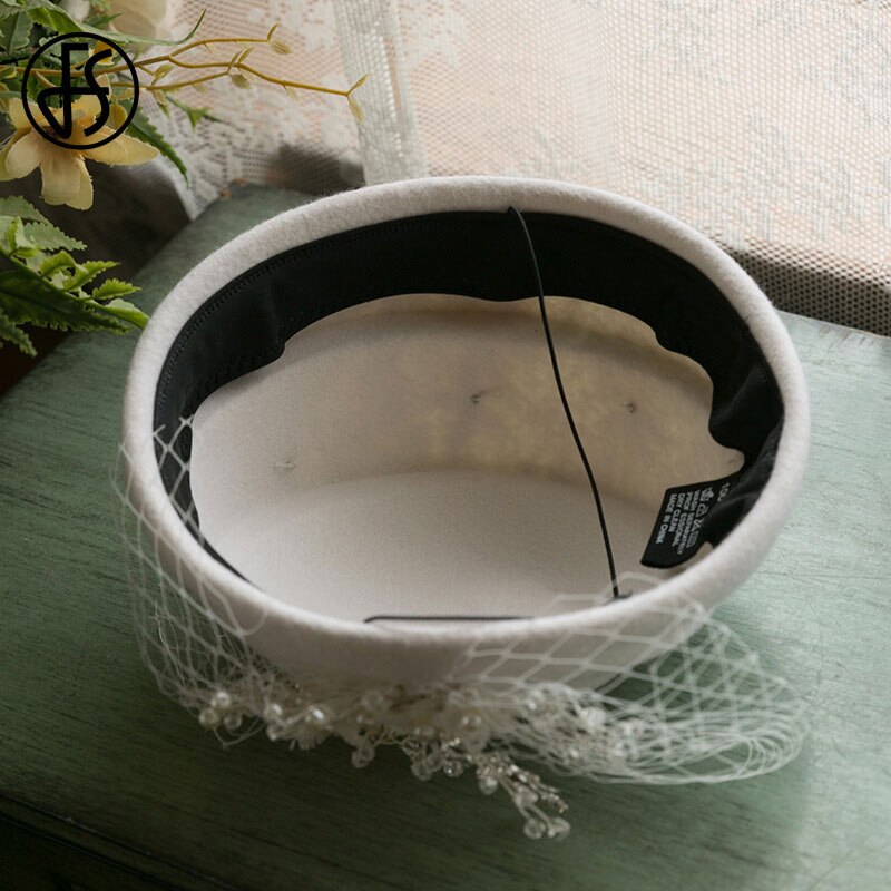 Fs Witte Hoed Fascinators 100% Wolvilt Pillendoosjepet Met Sluier Vrouwen Bloem Baret Cap Bridal Wedding Party Cocktail Fedora