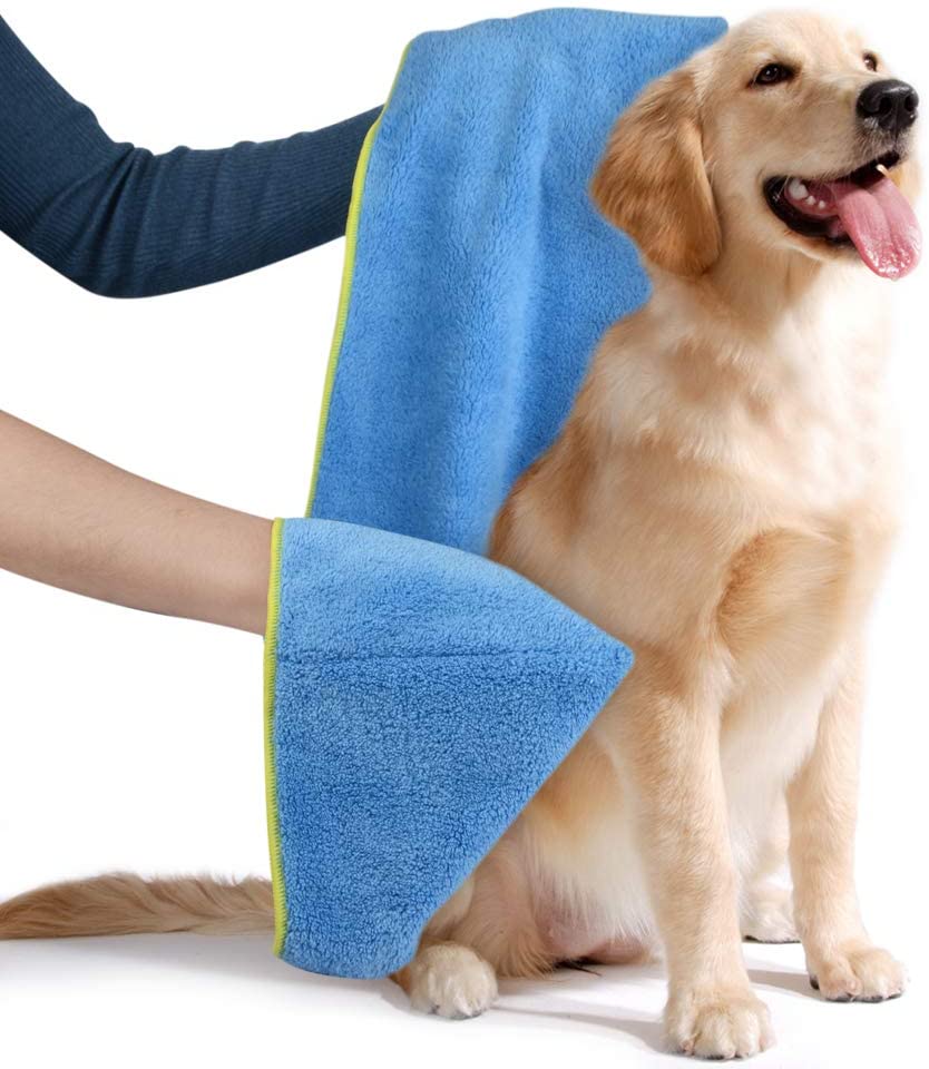 Toalla de baño de mascotas de microfibra, secado suave y ultraabsorbente con bolsillos de mano para perros y gatos pequeños, medianos y grandes, 16 pulgadas x 40 pulgadas: blue