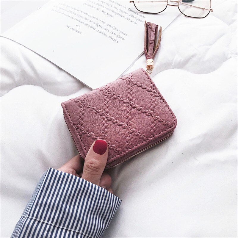 PURDORED 1 Pc Jahrgang Frauen Kurze Karte Halfter Quaste Dame Solide Geschäft Bank Karte fallen Kredit Ich würde Reisepass Abdeckung Karten brieftasche: Rosa