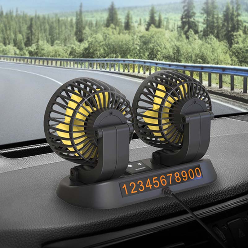 Car Fan Dashboard/Air Vent Summer Cooling Fan Rotatable Strong Airflow Circulation Dual Fans 12V/24V with Parking Number Plater