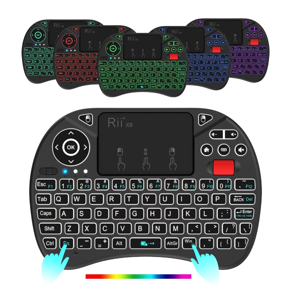 Rii X8 2.4 GHz Mini Draadloze Toetsenbord met Touchpad, veranderlijke kleur LED Backlit, Oplaadbare Li-Ion Batterij