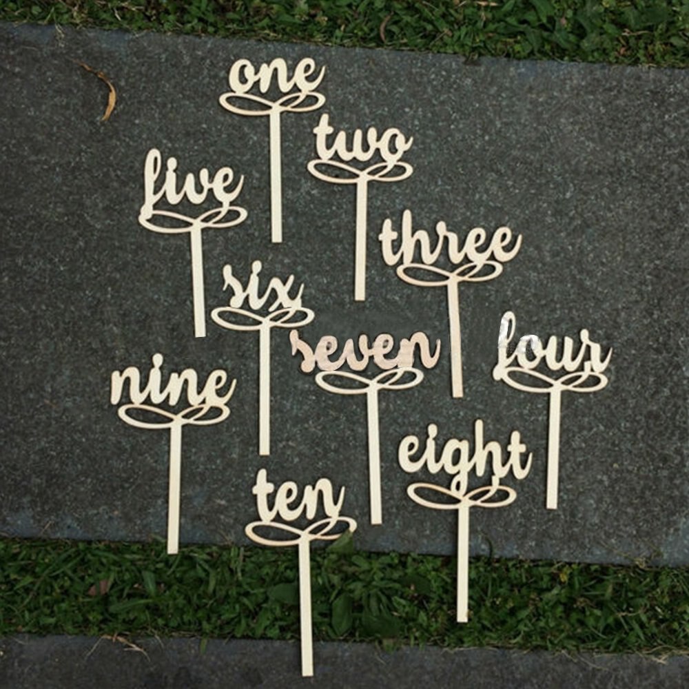 Trä bröllopsbord blomma säte kort tårta topper nummerskyltar en-tio dekorativ digital topper bröllopsfest riktning