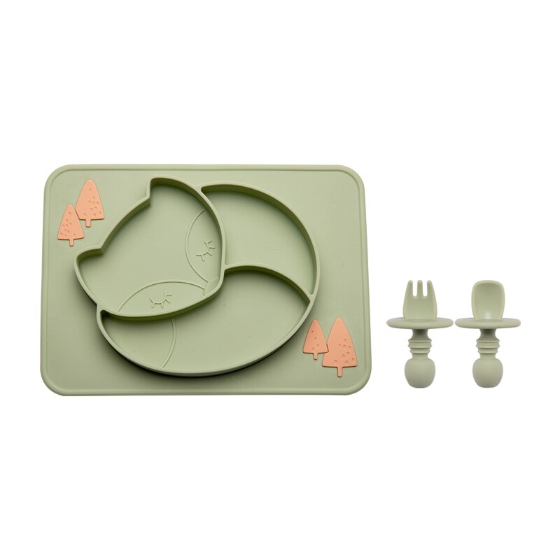 Juego de vajilla de alimentación para bebé, plato de comedor de zorro, cuchara de silicona, tenedor, impermeable, sin BPA, tazón de silicona de grado alimenticio, 3 unids/set: green set