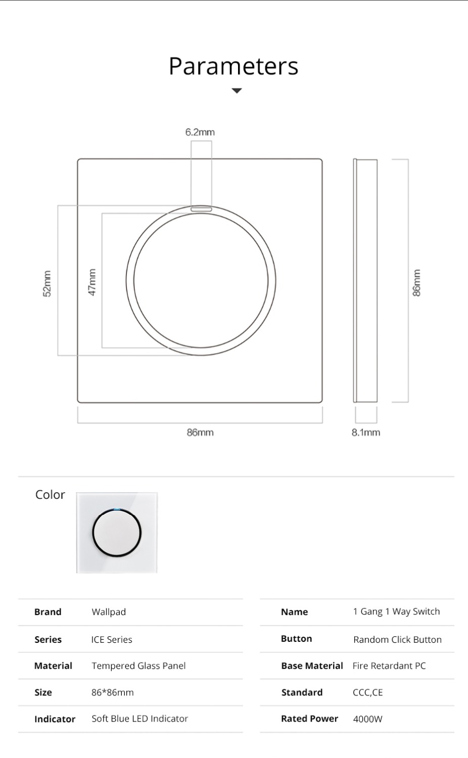 Wallpad L6 LED 1 Gang 1 Way Random Click Push Button Wall Light Switch With LED Indicator White Tempered Glass Panel