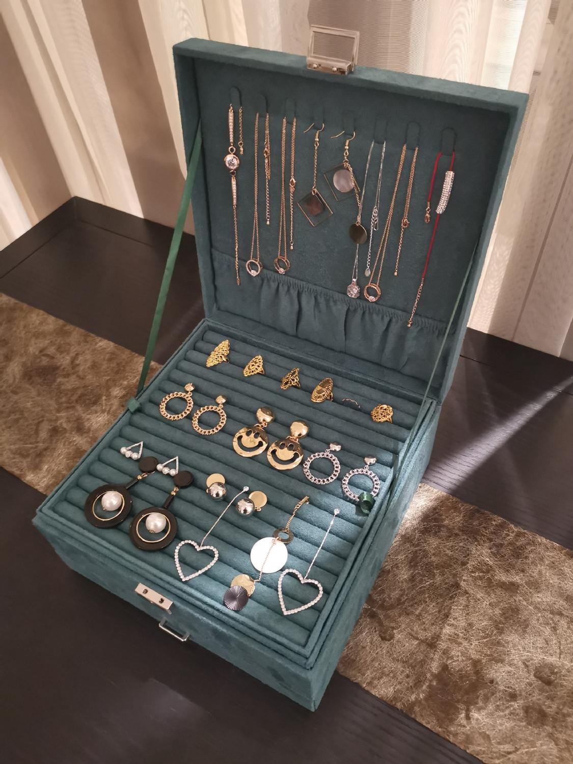 Neue Stil Luxus Schmuck Boxen 3 Schichten Mit Sperren Große Raum Organizer Für Ring Und Halskette Samt Schmuck Halter 4 farbe: green