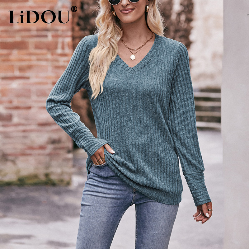 Herfst Winter Losse Casual V-Hals Pullover T-Shirts Dames Mode Eenvoudige Lange Mouw Onderkant Top Vrouwen T-Shirt Dames Kleding