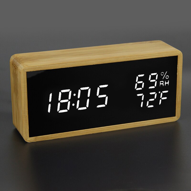 100%  bambus digitalt vækkeur justerbar lysstyrke stemmestyring skrivebord stort display tid temperatur usb/batteridrevet: 87- hvide