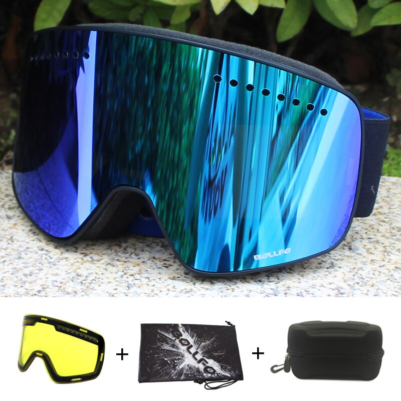 Magnetisk dobbeltlags linse skibriller masker antidugg  uv400 snowboardbriller skibriller briller for menn kvinner med etui: Svart blå