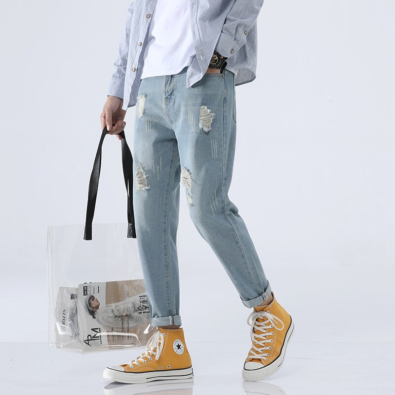 Pantalones vaqueros rotos para hombre, Jeans rotos de Hip Hop, ropa de calle, color azul claro
