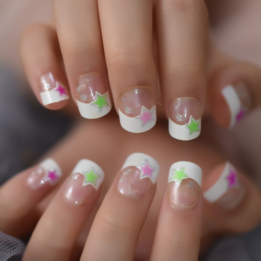 Skimmer stjärna franska naglar silver leende linje färgglada stjärnor nail art tips flicka lösnaglar liten storlek student: L5563