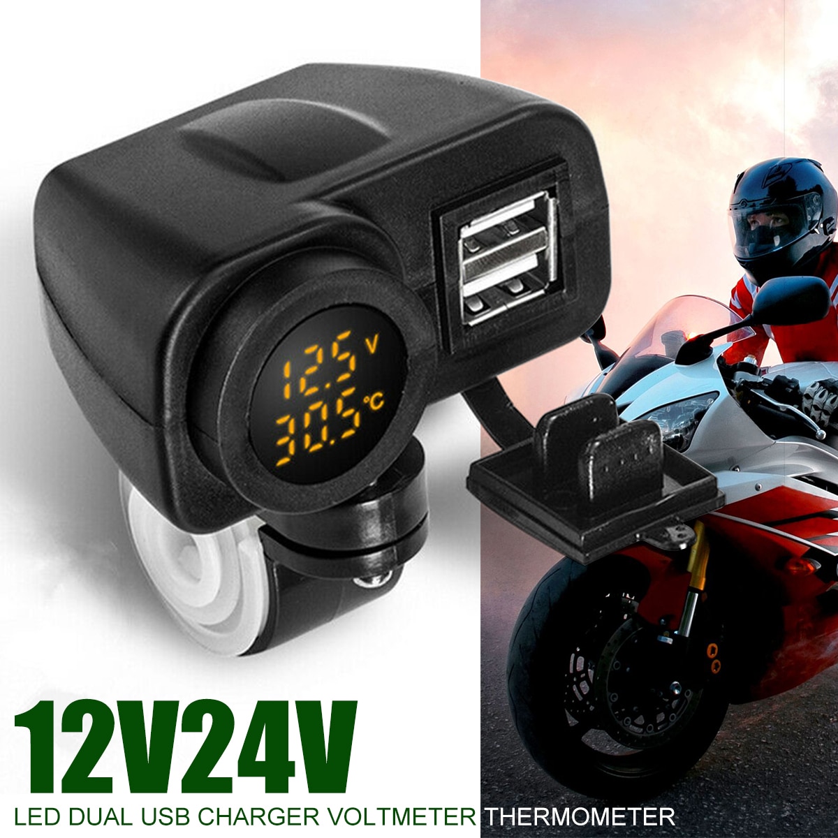 1pc motorcykel usb oplader til moto 2.1a 5v motorcykel oplader med voltmeter gul led display termometer