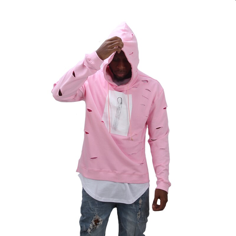 Herre hip hop pink hættetrøjer sweatshirts træningsdragt mænd med hullet hættetrøjer mænd sæt vinter mandlige street wear