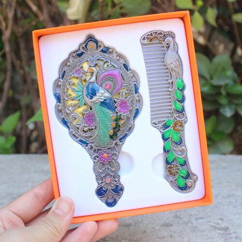 Travel retro makeup handle mirror comb set simple portable dormitory decor student mirror Peacock mirror LB41613: 5
