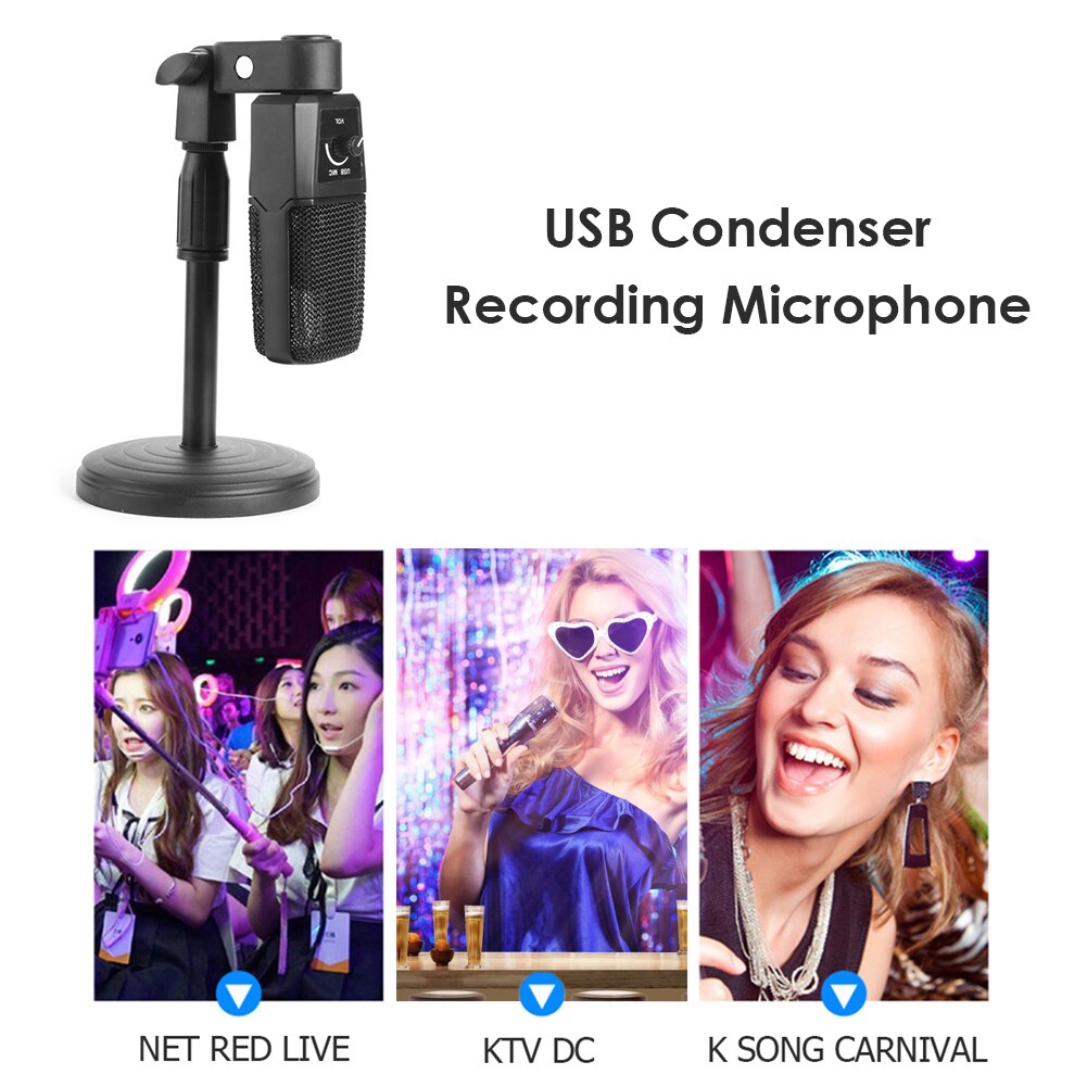 USB Condenser Microphone Cardioid PC Mic with Desktop Stand for Studio Recording Broadcasting Laptop Computer