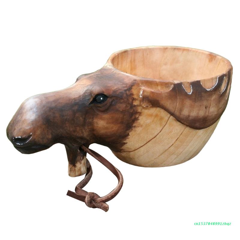 Hand Gesneden Rubber Houten Mok Dieren Hoofd Afbeelding Cup Houten Dier Mok Vorm Draagbare Camping Drinkbeker Drinkbekers: moose