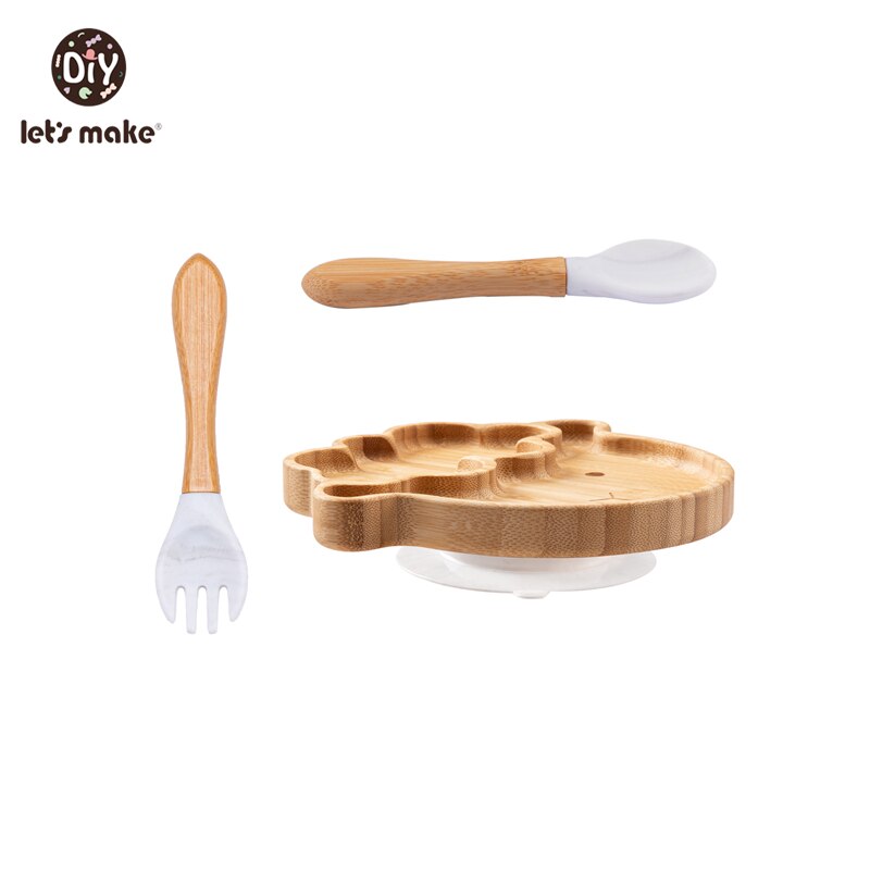 Let&#39;s Make Baby Dinner Plates Set Wooden Cartoon Dinner Plate Fork Spoon Children Feeding Plate Safe Edible Silicone Product: Set 6