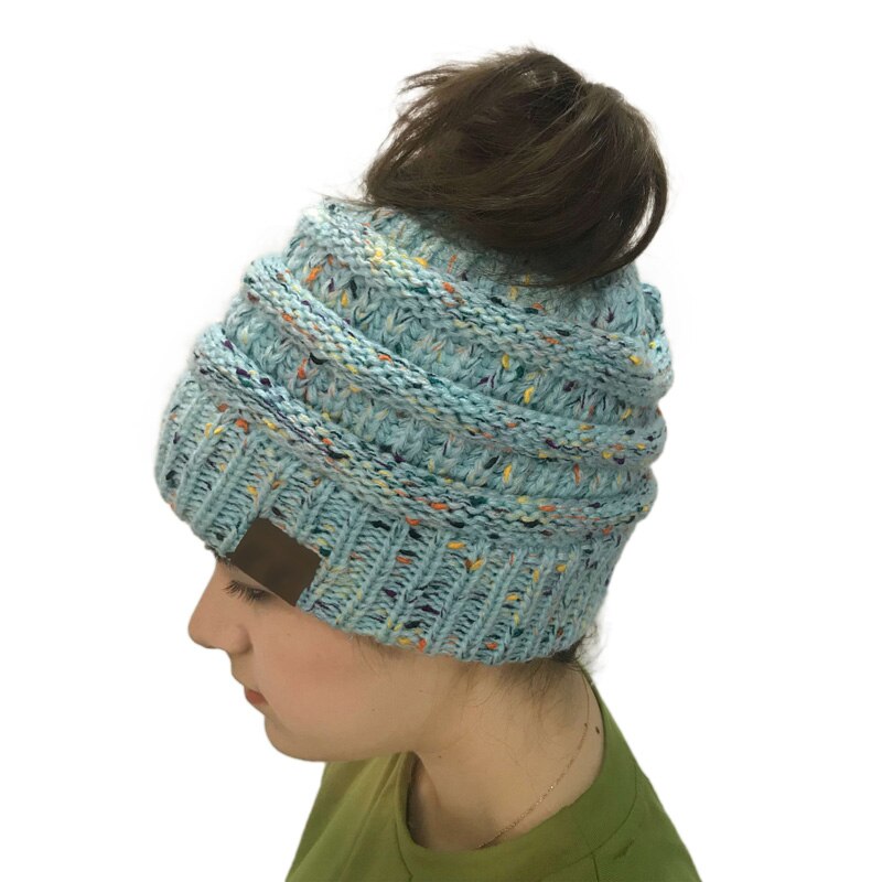 Doitbest Winter Female Ball Cap Top Hole Hat For Women Girls Hat Knitted Beanies Cap Hat Thick Womens lady Skullies knit Beanies: light blue
