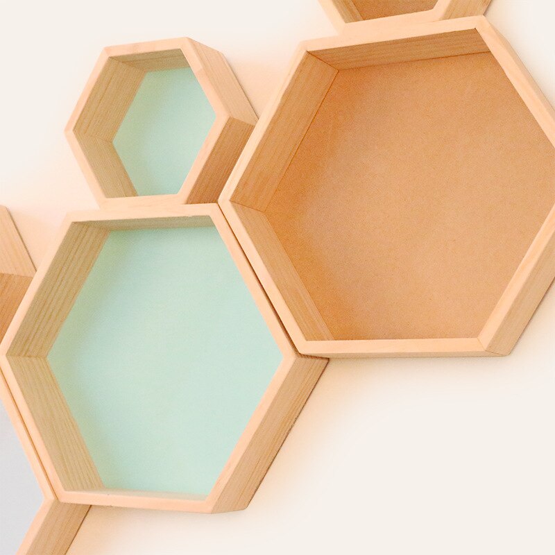 Kleurrijke Moderne Massief Houten Muur Decoratie Rack Wanddecoratie Creatieve Display Rack Honingraat Hexagon Rack
