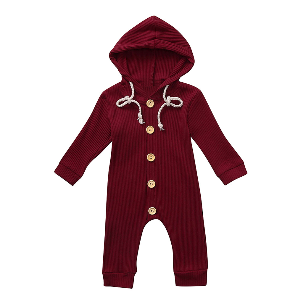 Baby Romper Girl Hooded Button Solid Color Jumpsuit Costume Born Baby Clothes Onesie Toddler Kids Winter Clothes 19Sep: Wine / 12M