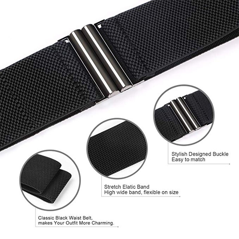 Cinturón elástico para mujeres, negro, ancho, cintura elástica, cinturón para vestido , corsé de cintura a la , hebilla de Metal para pantalones Skrit, 5 Si