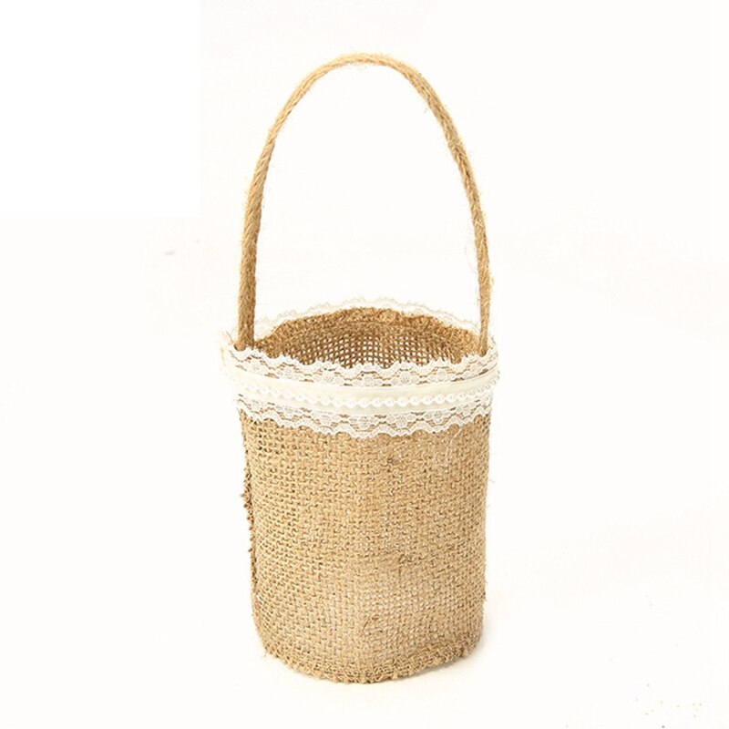 Ślub koronkowy jutowy kwiat kosz lniany uchwyt Vintage rustykalny ślub ceremonia dekoracja stołu Baby Shower Party cukierki prezent torba: Ciemny Khaki