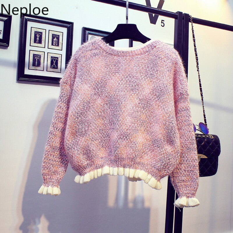 Neploe koreansk sød stil korte cardigans sweater kvinder flæser o hals perle veste femme løs strik studenterfrakke 46277