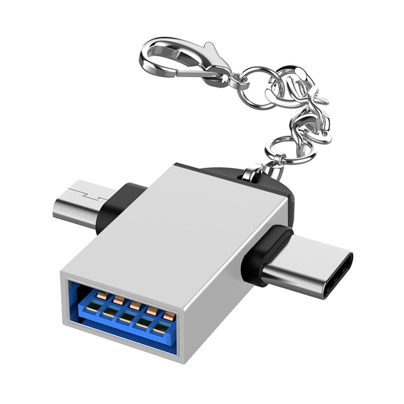 Android Type-C 2 In 1 OTG Micro USB Host Power T Splitter USB 3.1 Adapter: Silver Belt chain