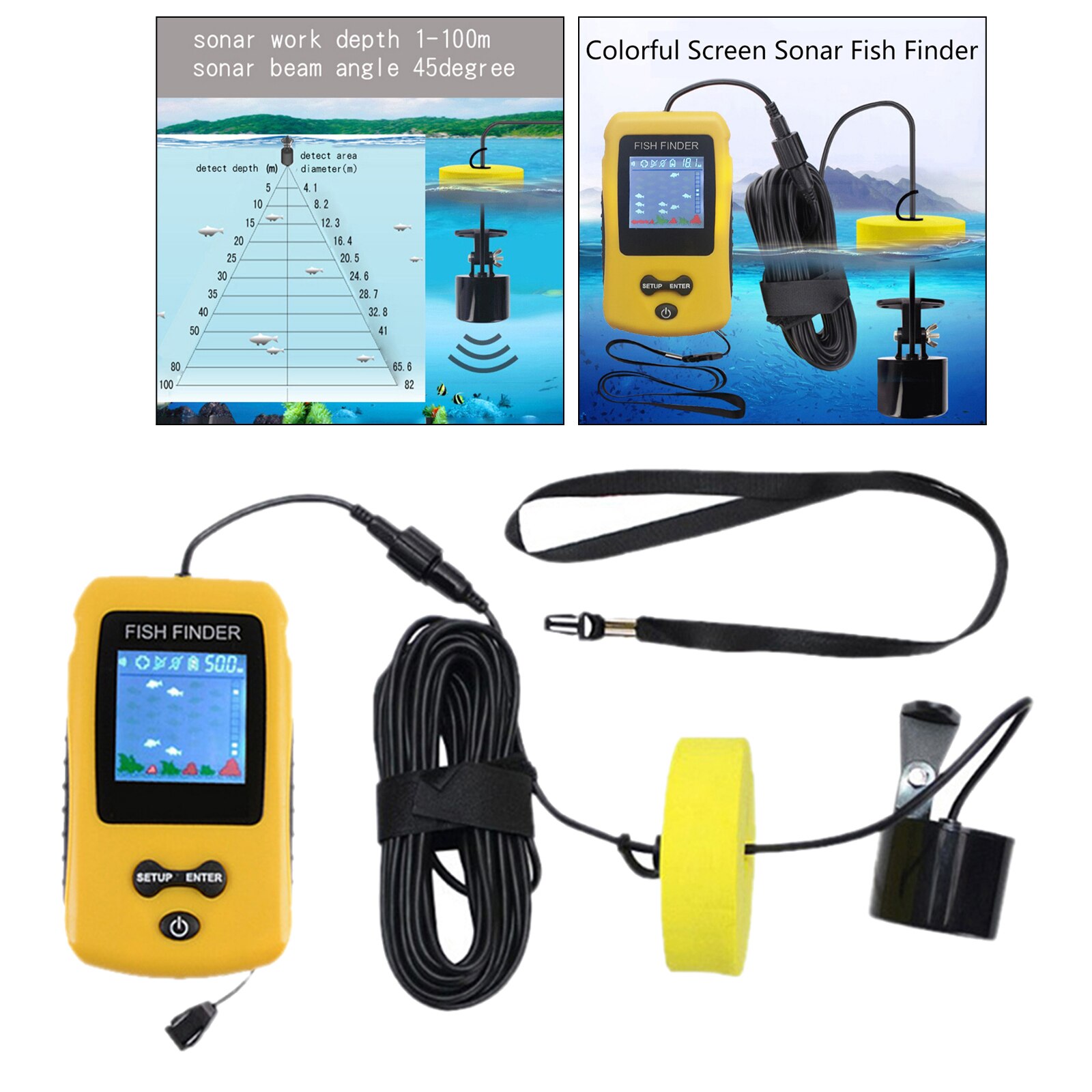 Portable Fish Finder, Contour Readout Compact Fishfinder Depth Sonar Sensor Transducer 5 Sensitivity Fish Depth Finder