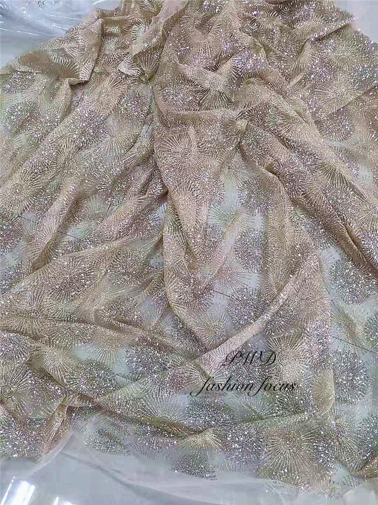 1 Yard Swiss Lace Material Glued Glitter African Fabric For Evening Dress Dry Lace Fabric Mesh Sequin Fabric