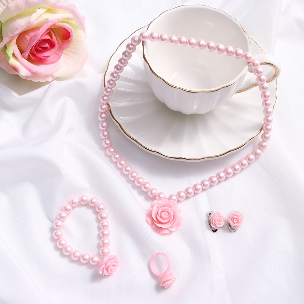 1PC Kinder Mädchen Schmuck Set Kind Perle Blume Form Halskette Armband Ring Ohr Studs Clips Zubehör: pink