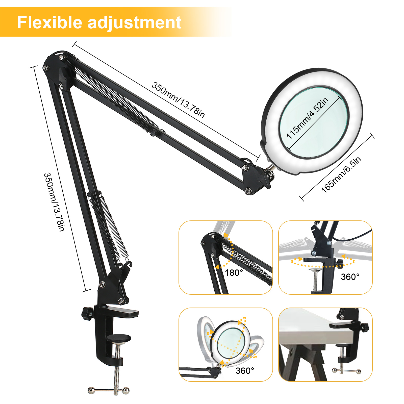 Mini-arbeitsleuchte mit 5x vergrößerungsgläsern, schwenkarm, dimmbaren leds, 5 farbtemperaturen , 5 helligkeitsstufen, klemmleuchte