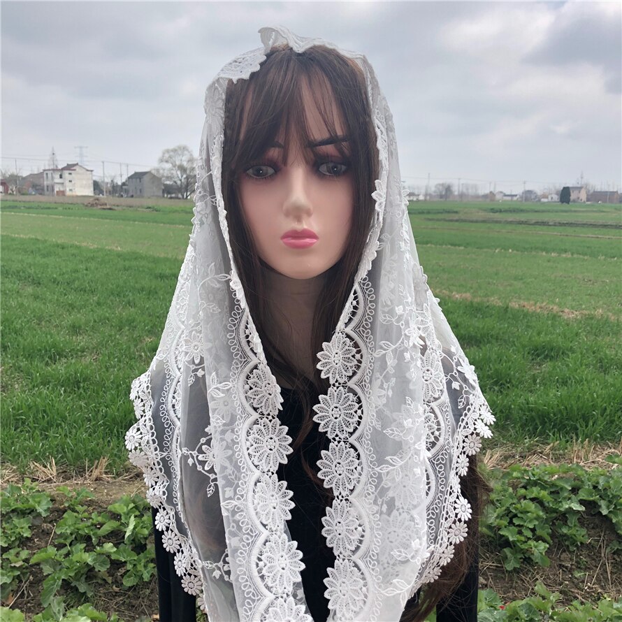 Mantilla di velo cattolico in pizzo bianco da donna per sciarpa copricapo da chiesa scialle in voilà di massa di fiori 3D fazzoletto Dentelle infinito