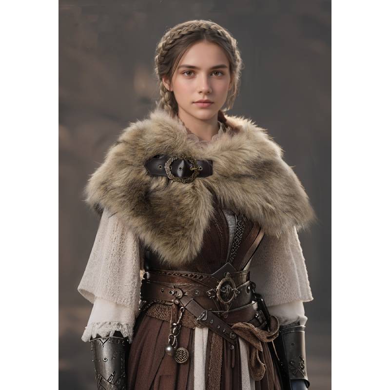 Dazcos viking faux fur scarf and cloak with medieval brooch, fur collar for larp costume accessories