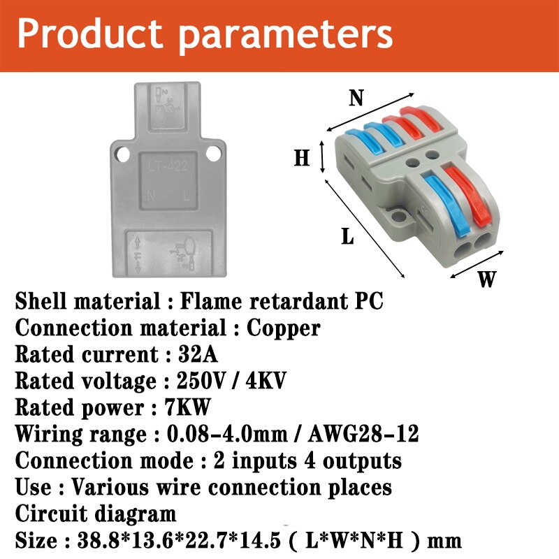 Universal Mini Fast Cable Connector Push-in Junction Box 1/3/5/10 Pcs/Lot Push-in Junction Box SPL-2/3 Leds Connected Terminal: LT-422 / 10 PCS
