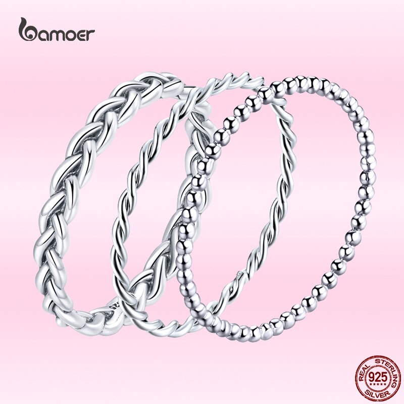 Bamoer anello intrecciato semplice in autentico argento Sterling 925 per donna accessori eleganti per gioielli da sposa con anello impilabile classico