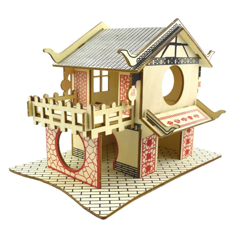 Hamster Hideout Wooden Hut Small Animals Double Layer Villa Rat Room House Cage: D