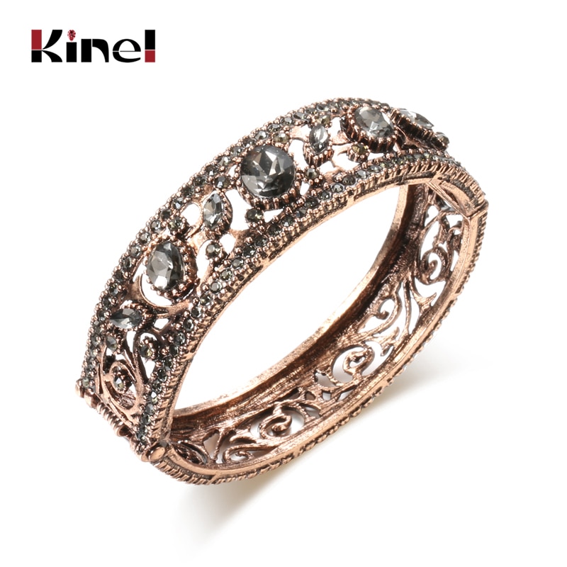Kinel Retor Goud Kleur Boho Bangle Manchet Armband Voor Vrouwen Grey Crystal Flower Elastische C Vorm Turkse Vintage