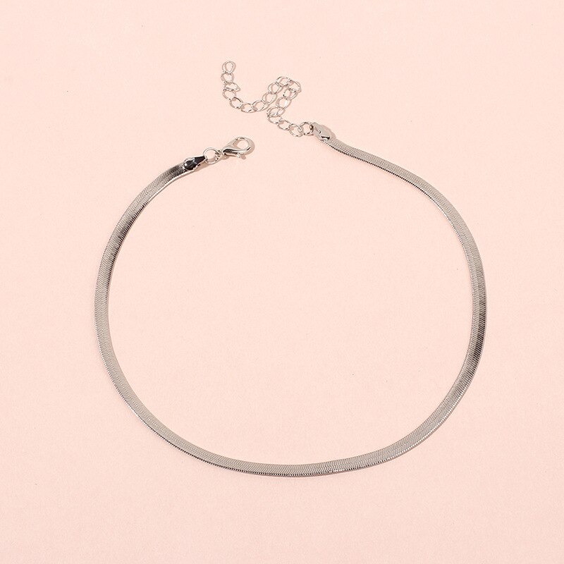 Collar de Gargantilla ajustable con de espiga para mujer, cadena serpiente plana de 5MM y oro , Gargantilla sencilla, joyería delicada de 15": Silver