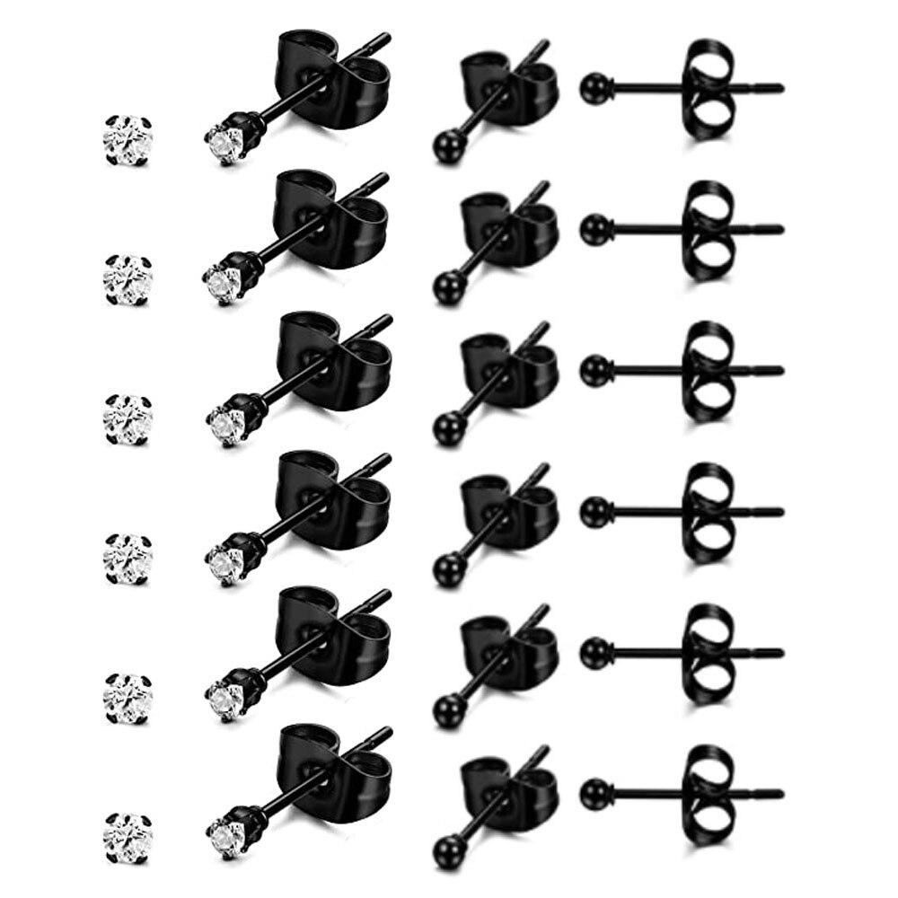 6 pares de aretes pequeños de acero inoxidable de 2 mm para hombre y mujer, aretes de bola redonda CZ, conjunto de: Zinc negro plateado
