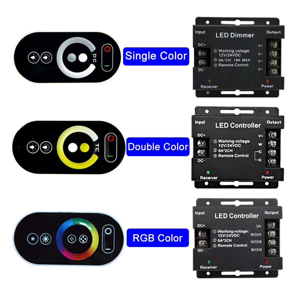 Touch led rgb enfärgad dimmer controller  rf 433 mhz trådlös 18a 216w dc 12v 24v led fjärrkontroll för led strip lampor